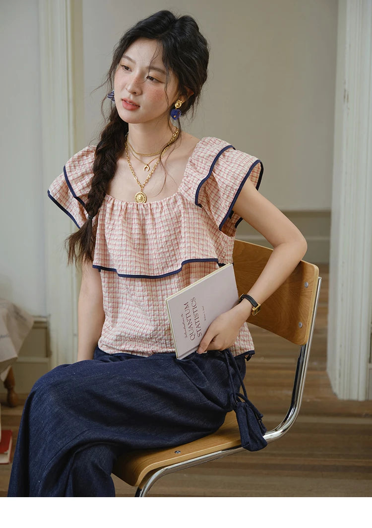 MISHOW Two-Piece Ladies Set Square Neck Ruffles Plaid Blouse High Waist Slim Wide Leg Casual Pants Set 2025 Summer MXE36T0636