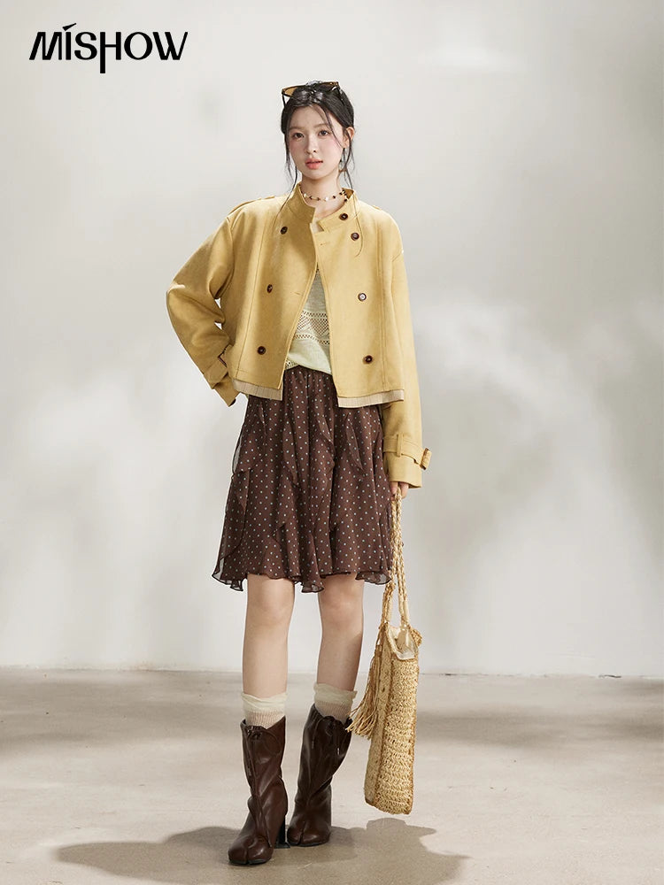 MISHOW Women's Yellow Double-Breasted Trench Stand Collar Coat Adjustable Cuffs Splicing Striped Hem Casual Outerwear MXF11W1026