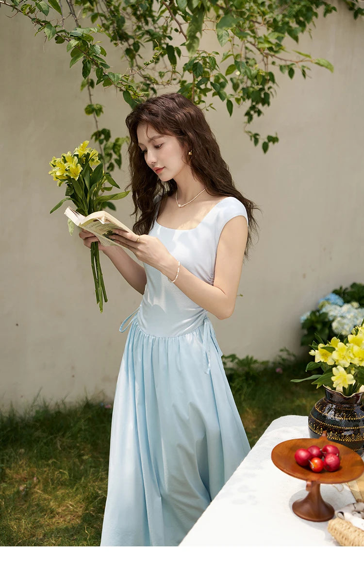 MISHOW Square Neck Patchwork Knitted Long Dress Summer 2024 Minimalist High Waist Side Drawstring Waist Slim Dresses MXD23L1818