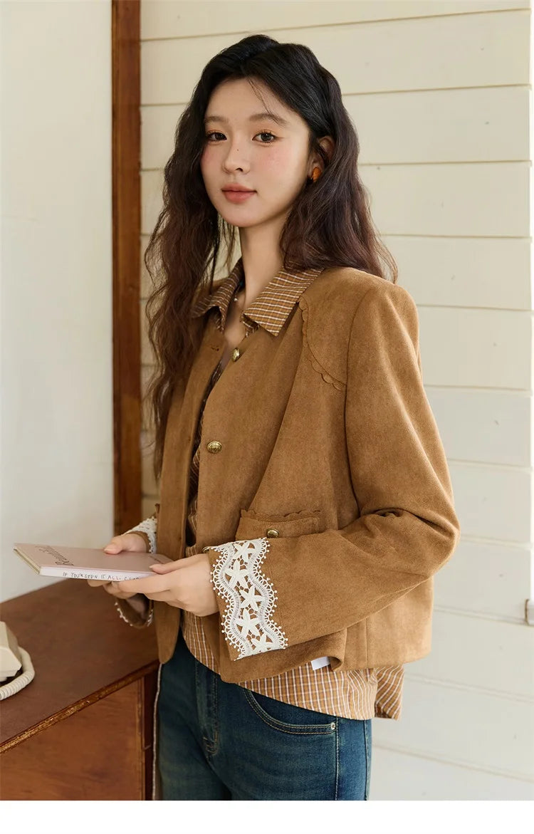 MISHOW Fragrant Suede Jacket for Women Autumn 2025 Cuffs Hollowed Out Lace Short Coats O-neck Metal Button Jackets MXE46W0839