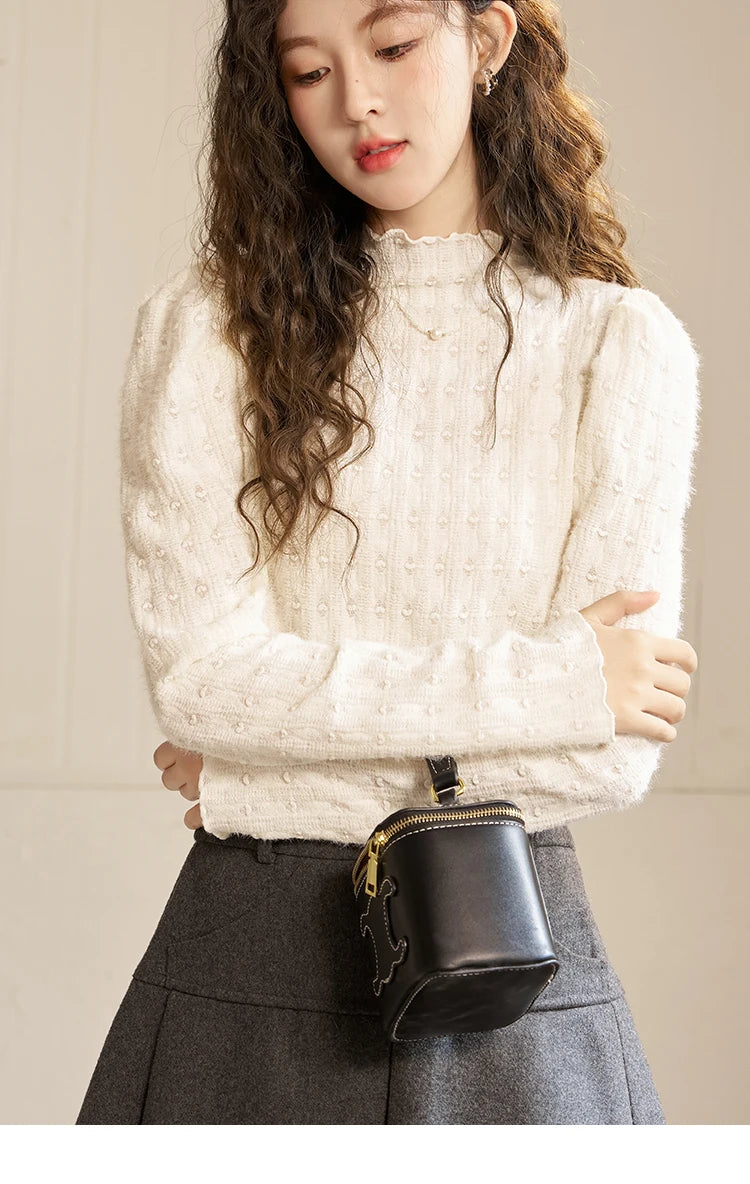 MISHOW Lace Bottoming Shirt Women Autumn Winter Mock Neck Long Sleeve Knitted Pullover French Warm Inner Top Female MXC58Z0481