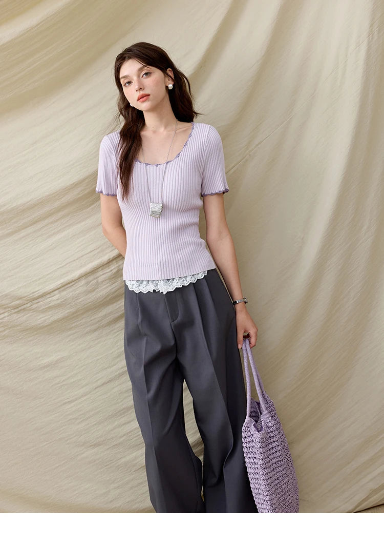 MISHOW Office Lady Summer Sweater Women 2025 New Solid Short Sleeve Lace Collar Contrast Color Hook Design Tops Slim MXE33Z1218