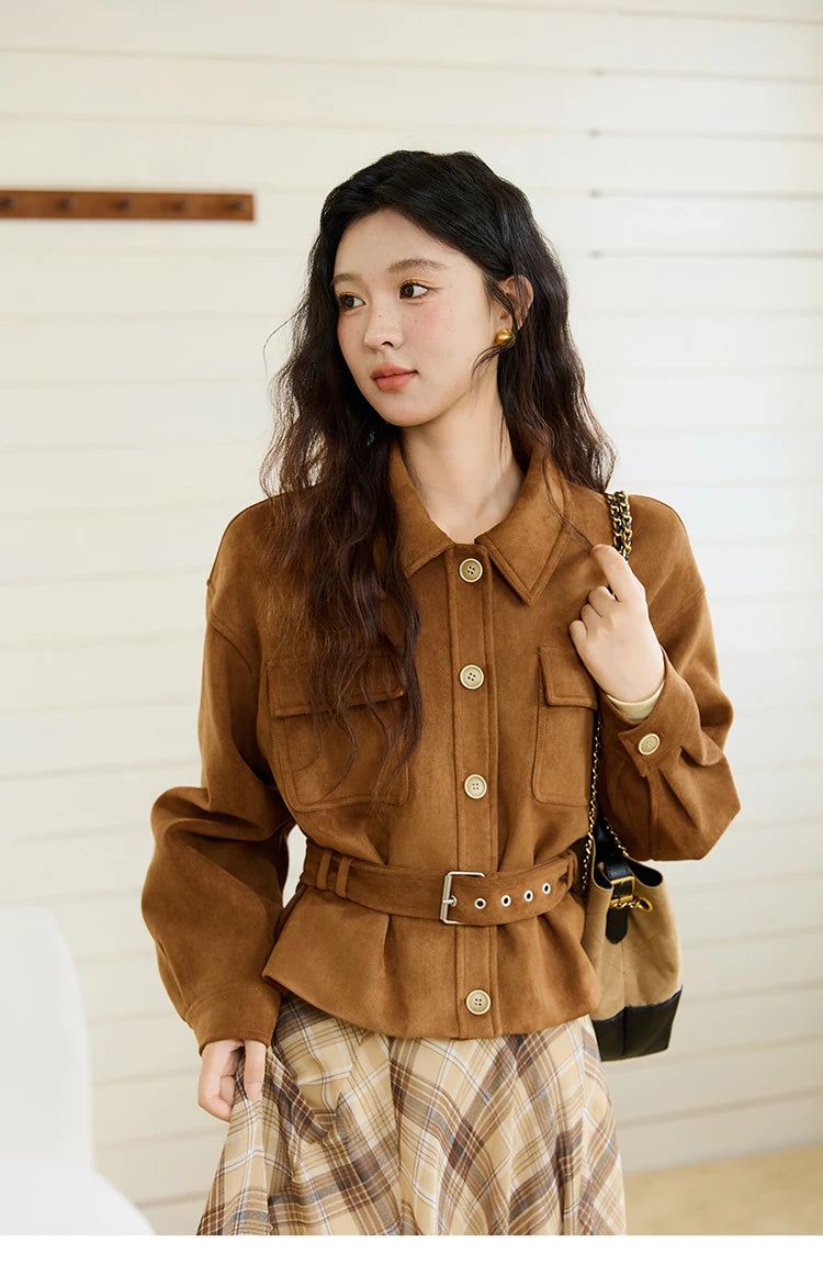 MISHOW Short Jacket for Women 2025 Autumn New Brown Lapel Metal Button Decorated Jacket Windproof Commuter Outerwear MXE46W0864
