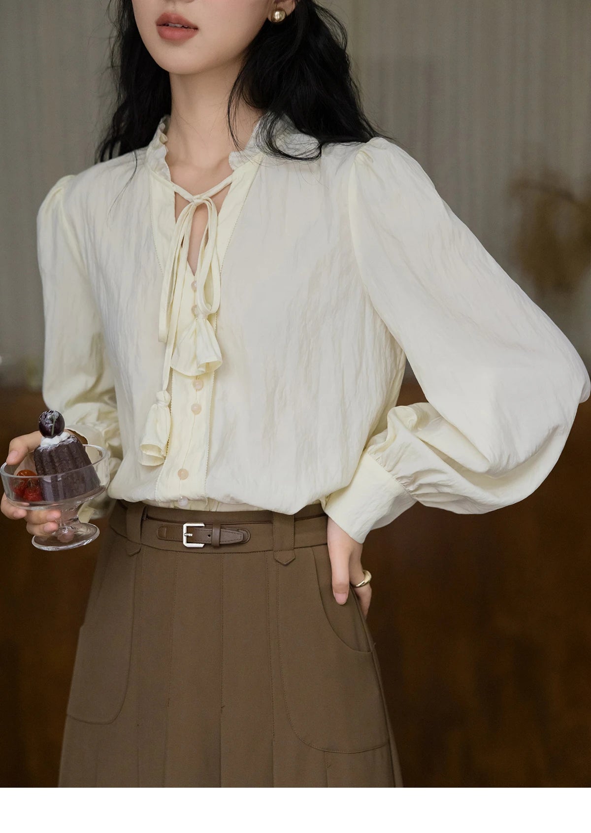 MISHOW Flower Bud Tie Lyocell Shirt for Women Autumn 2024 Temperament Solid Long Sleeve Pullover Tops Office Lady MXD42X1640