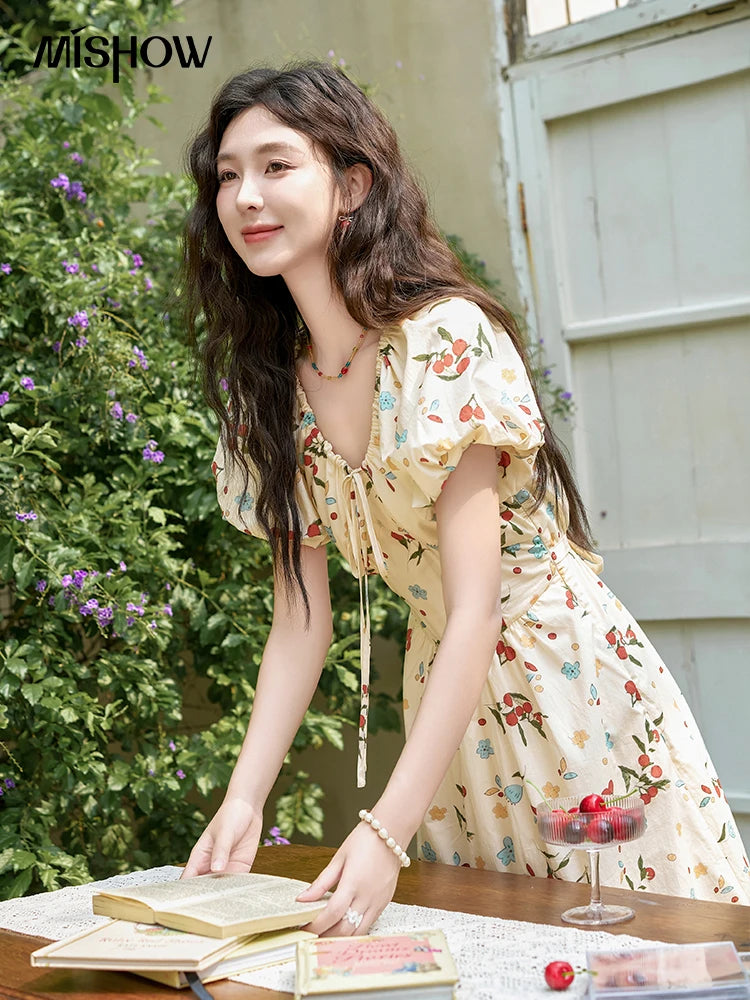 MISHOW French 100 Cotton Floral V-neck Dress Women 2025 Summer Bubble Sleeve Drawstring Lace-up Temperament Dresses MXD30L1868