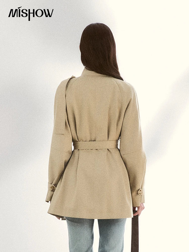 MISHOW Women's Double-Breasted Trench Coat 2026 Spring Belted Lapel Trench Long Sleeve Casual Mid-Length Outerwear MXF11W1031