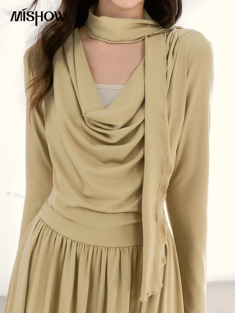 MISHOW Women's Khaki Elegant Dress 2026 Spring Swinging Collar Scarf Waist Dresses Commute Fashion Long Sleeve Dress MXF11L2552