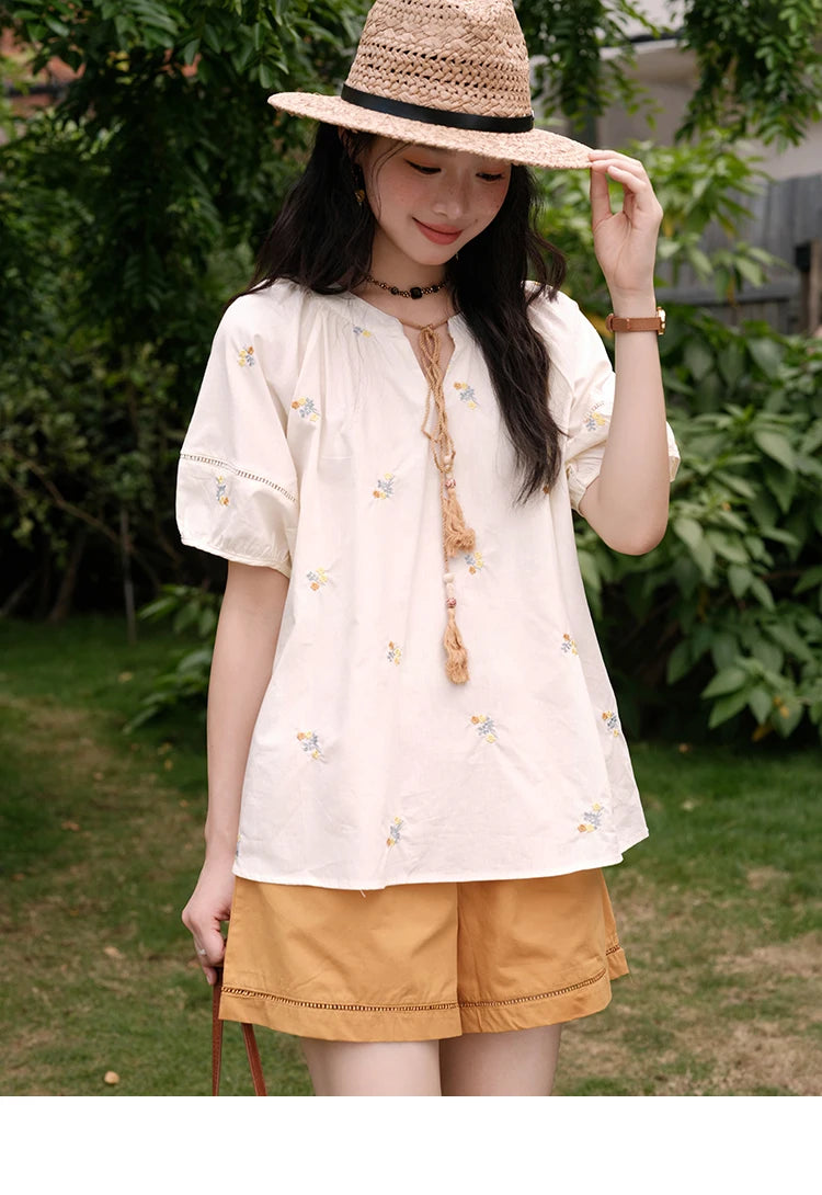 MISHOW Women Two-Piece Set 2025 Summer Puff Sleeve Lace Up Top Hollow Lace Spliced Elastic Waist Shorts Ladies Set MXE38T0684