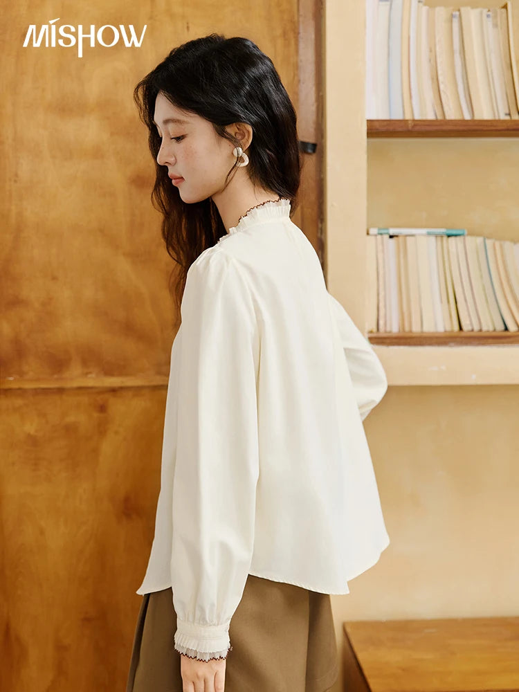 MISHOW Women's Apricot Retro Blouses 2025 Autumn V-neck Pleated Double-layer Lace Tops Lantern Sleeves Loose Blouse MXE46C2404