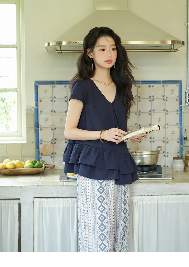 MISHOW Women's Two Piece Set 2025 Summer Spliced Lotus Leaf Edge V-neck Blouse Fashion Geometric Wide Leg Pants Set MXE39T0670