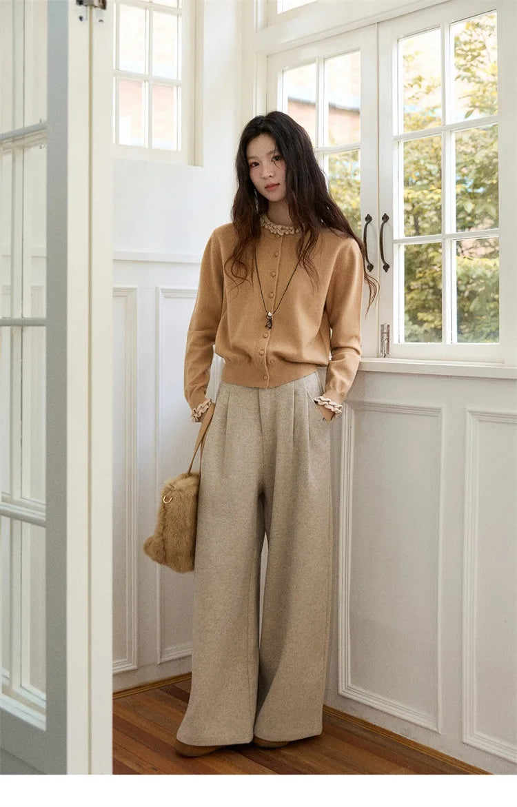 MISHOW Women's Winter Pants 2025 Retro Trousers with Three-dimensional Pleats Pants Pocket Decoration Wide Leg Pants MXE90K1129