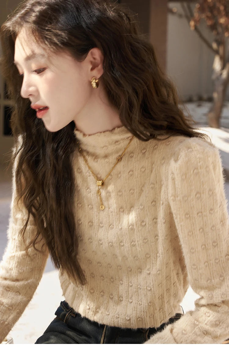 MISHOW Lace Bottoming Shirt Women Autumn Winter Mock Neck Long Sleeve Knitted Pullover French Warm Inner Top Female MXC58Z0481