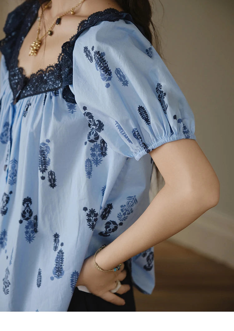 MISHOW Fashion Print Cotton Shirt for Women 2025 Summer New Puff Sleeve Lace Splicing Retro Blue Casual Button Top MXE35X1842