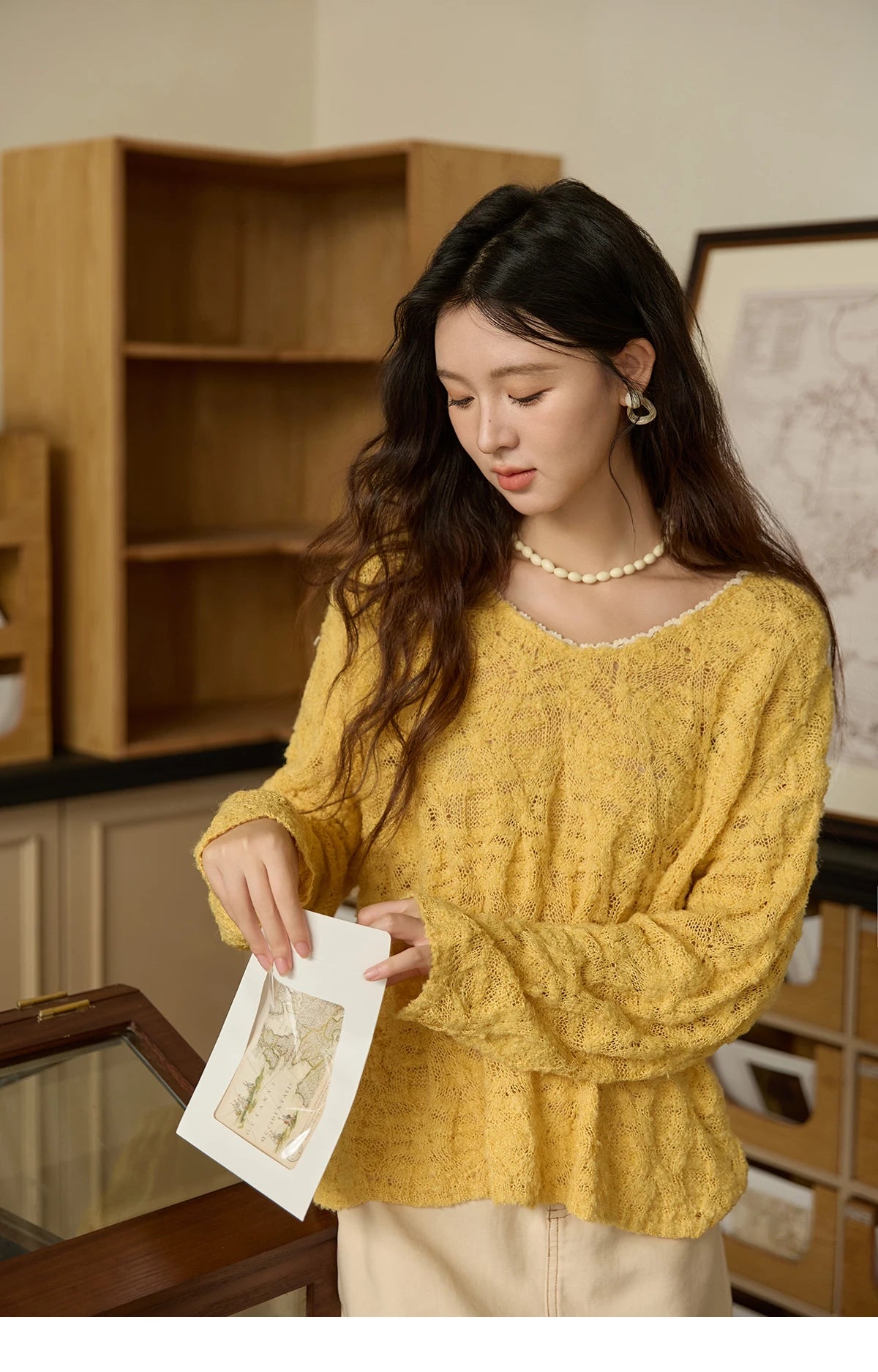 MISHOW Bamboo Loop Yarn Knitted Sweater for Women Autumn 2025 Hollow V-neck Lace Sweater Casual Solid Pullovers Tops MXE43Z1349