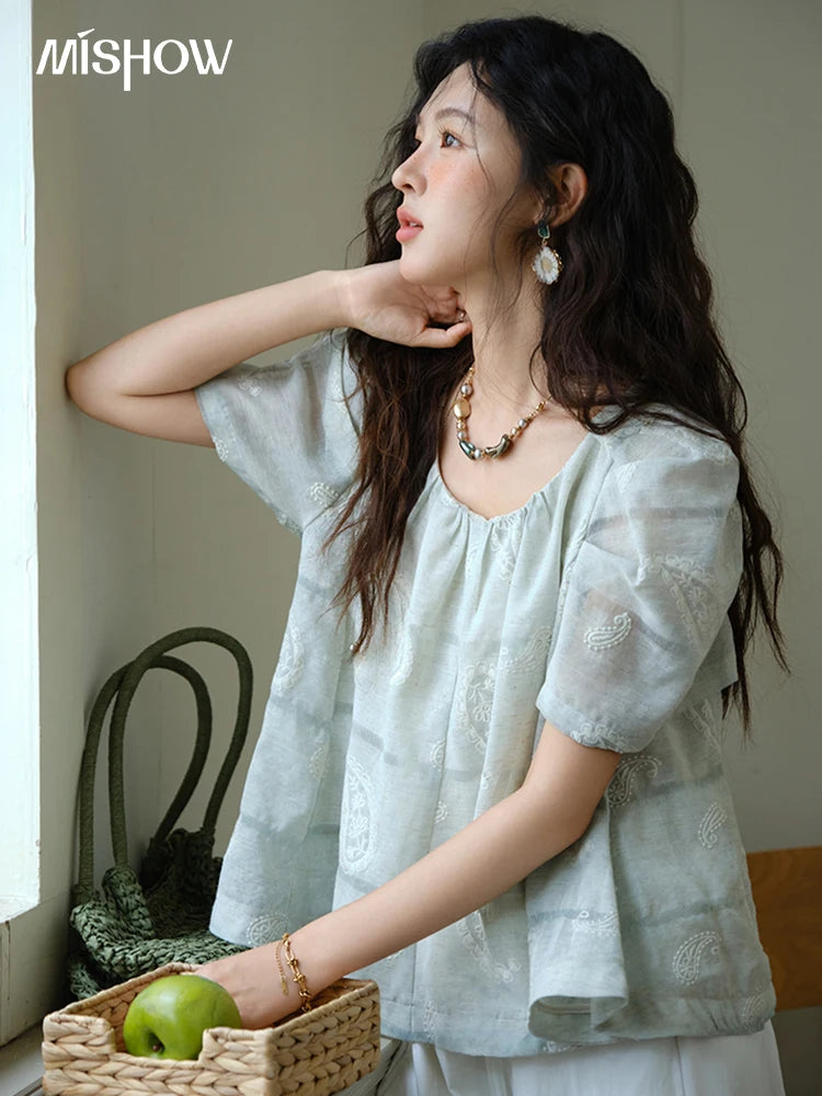 MISHOW O-Neck Blouse for Women 2025 Summer New Fashion Print Embroidery Puff Sleeve Loose Casual Top Ladies Clothing MXE34X1807