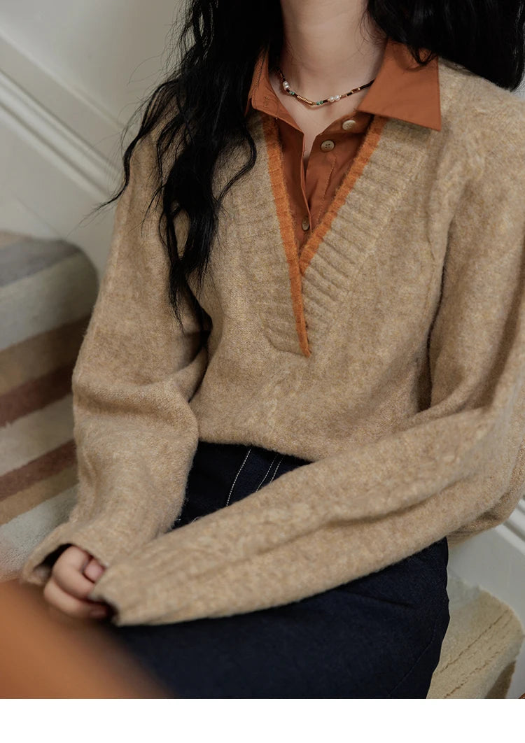 MISHOW Vintage Sweater False Two-piece Sweet Fashion V-neck Knitwear 2024 Fall New Vintage Versatile Sweater Tops MXD42Z0695