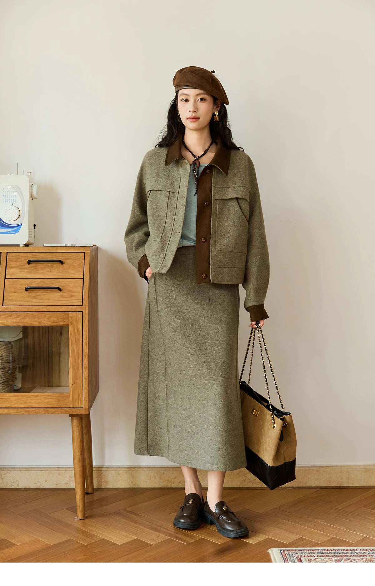 MISHOW Women's Wool A-line Skirt 2025 Autumn Winter Retro Suede Woolen Rear Hem Slit Skirt Versatile Waist Skirts MXE46B2426