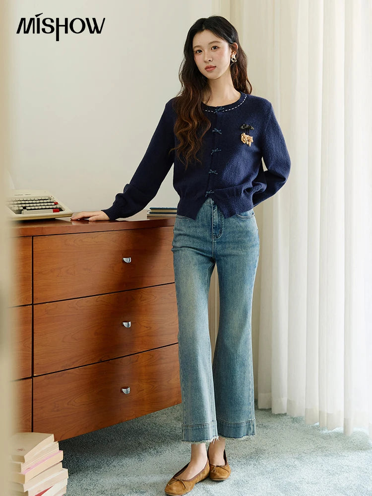 MISHOW Christmas Soft Knitted Cardigan Autumn Bow Placket Retro with Brooch Lantern Sleeve Sweaters O Neck Solid Top MXE45Z1377