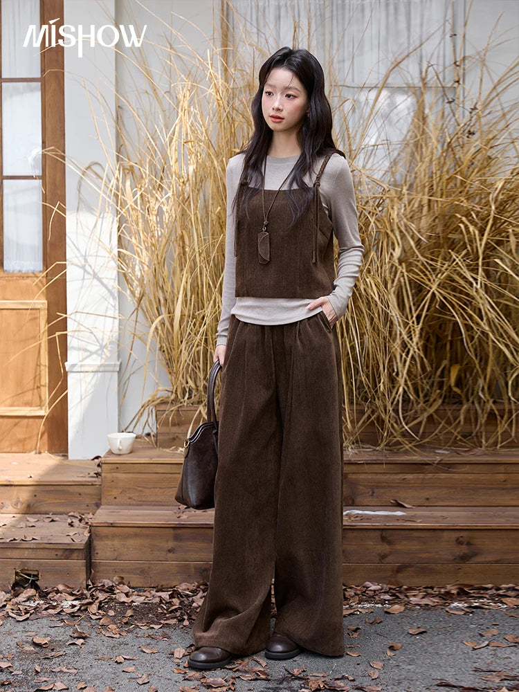 MISHOW Three-piece Suit Women 2025 Retro Brown Vest Wide-leg Pants Gray Long Sleeves Tops Autumn Women's Pants Set MXE49T1422