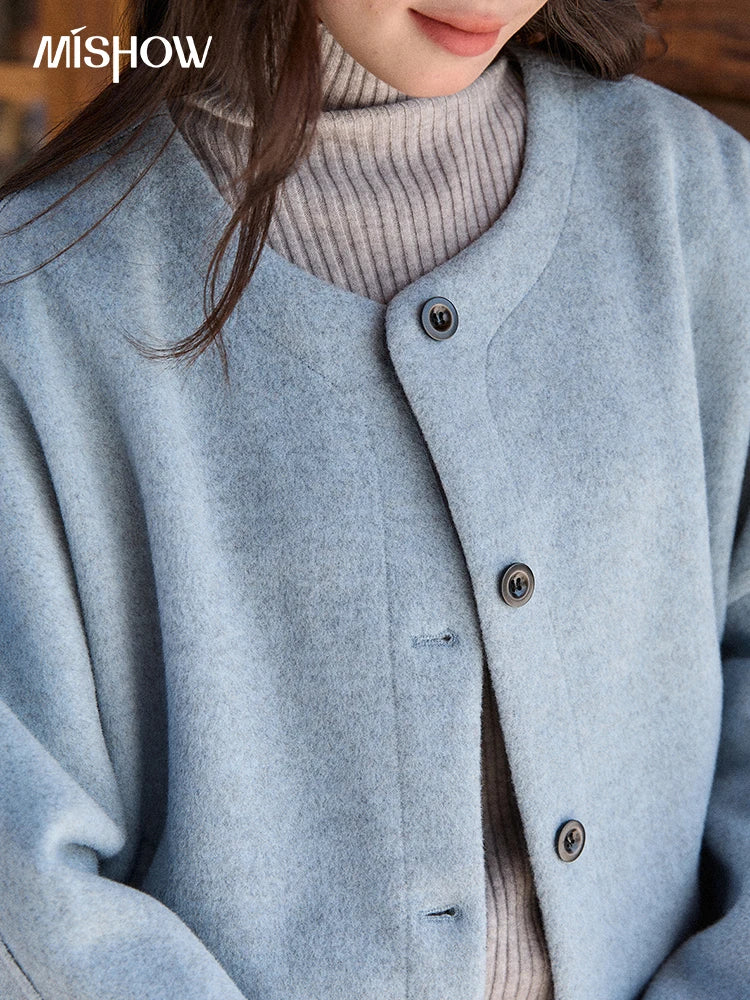 MISHOW Woman Blue Wool Coat with Shawl 2025 Winter Elegant Fashion Crew Neck Single-breasted Short Loose Thick Coat MXE87W0943
