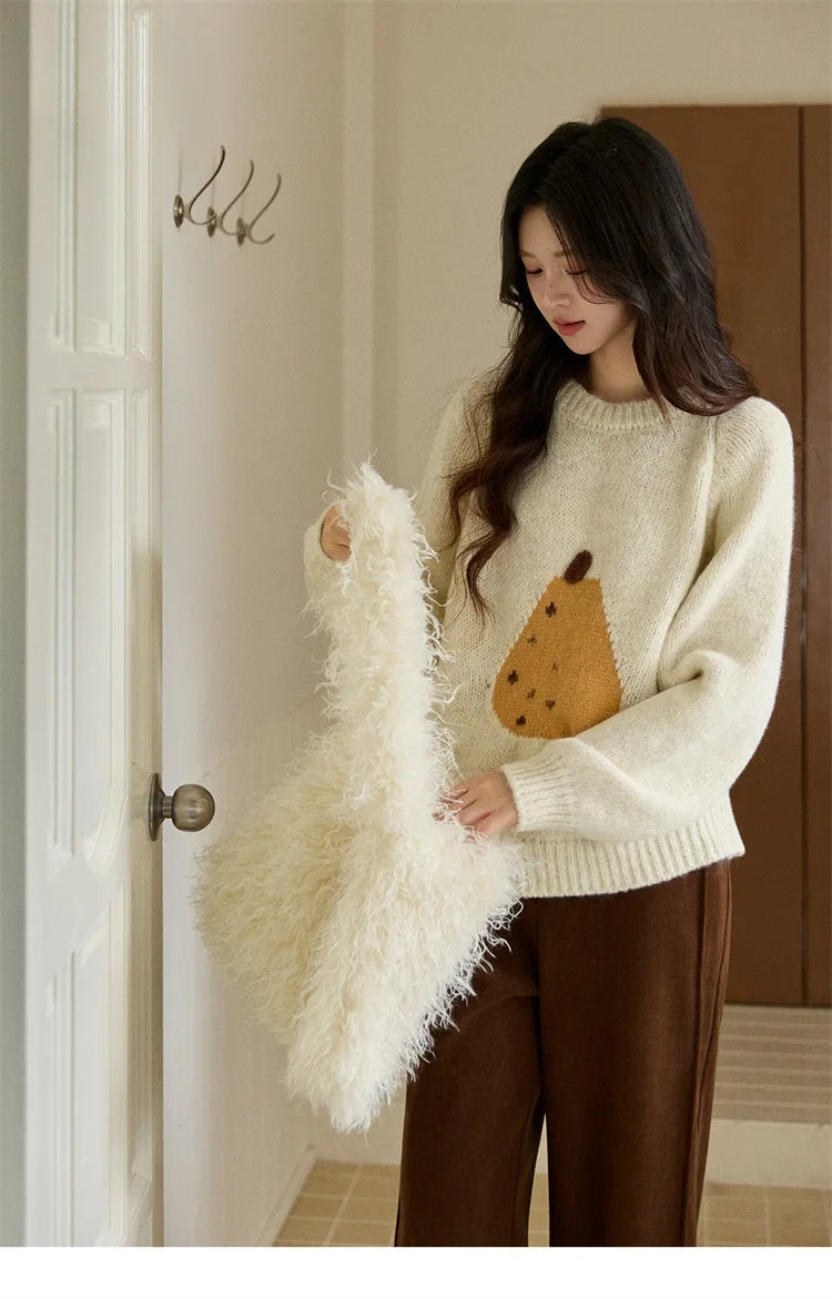 MISHOW Pear Pattern Jacquard Knitted Sweater Autumn Winter Crew Neck Loose Sweaters Wool Blend Warm Pullover Tops MXE94Z2959