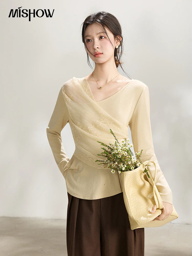 MISHOW Women's Asymmetric Lace Patchwork Tops 2026 Spring V Neck Long Sleeve Top Ruched Waist Ruffled Hem Casual Tees MXF11Z2942