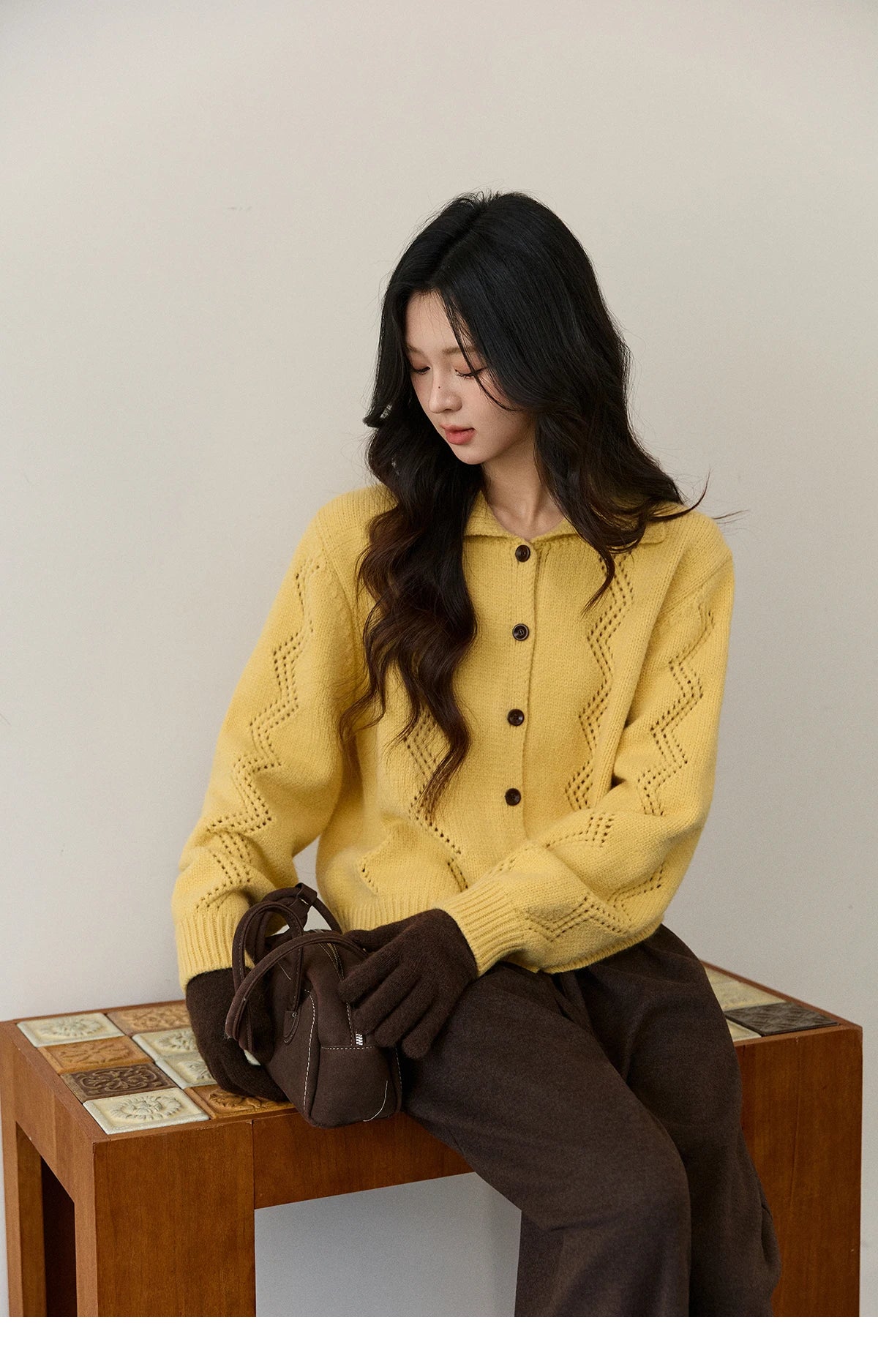 MISHOW Women's Hollow Pattern Knitted Cardigan 2025 Winter Yellow Lapel Single Breasted Sweater Loose Pullover Tops MXE94Z2961