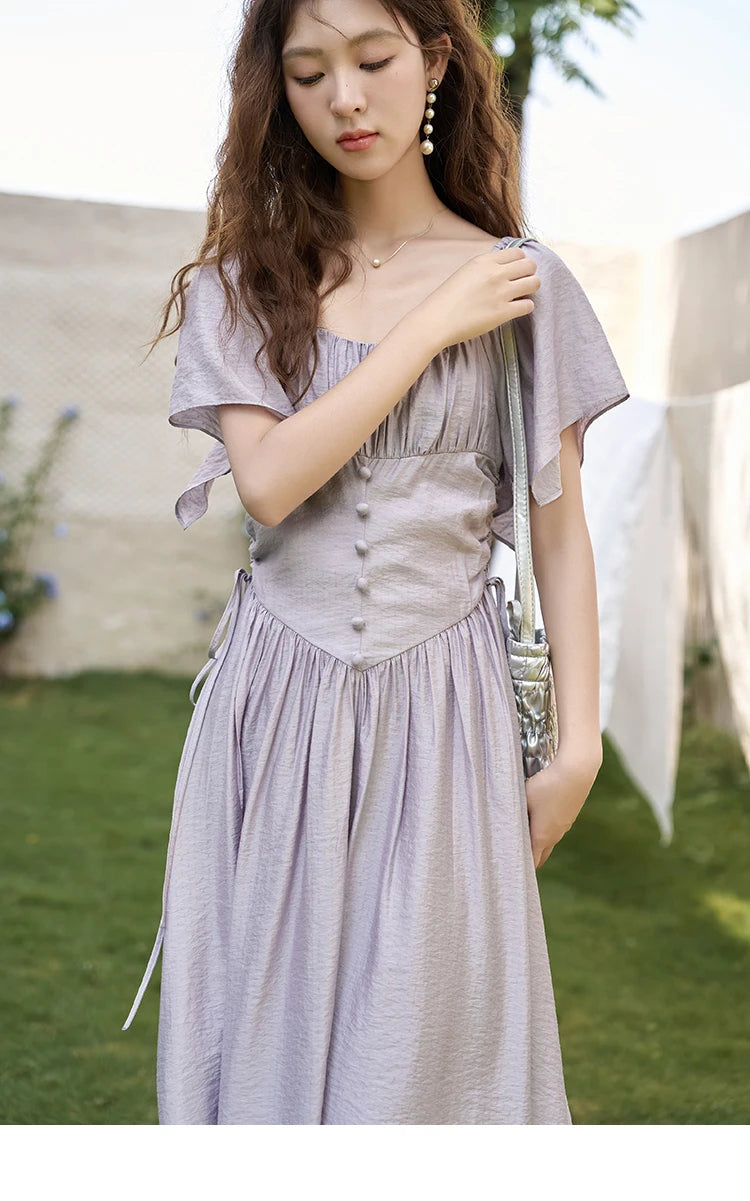 MISHOW Women's Elegant Dress 2023 Summer French A-LINE Butterfly Sleeve Square Collar Solid Lace-up Waist Dresses MXC38L1407