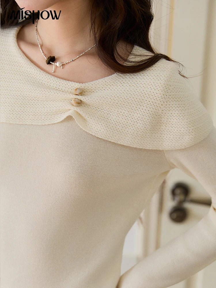 MISHOW Women's Beige Wool Blend Knit Sweater 2026 Spring Asymmetrical Collar Long Sleeve Top Slim Casual Thin Sweater MXF11Z2918