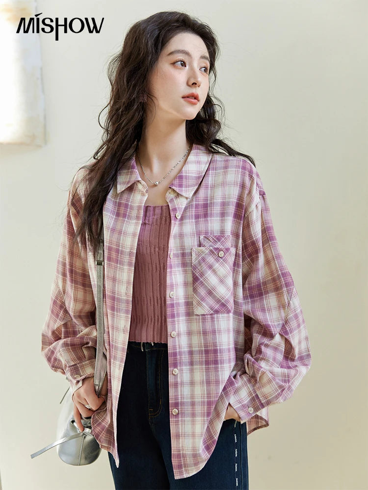 MISHOW Women's 100 Cotton Long-sleeve Purple Plaid Shirt Spring 2025 Loose Pockets Casual Shirts Korean Polo Neck Top MXE14C0417