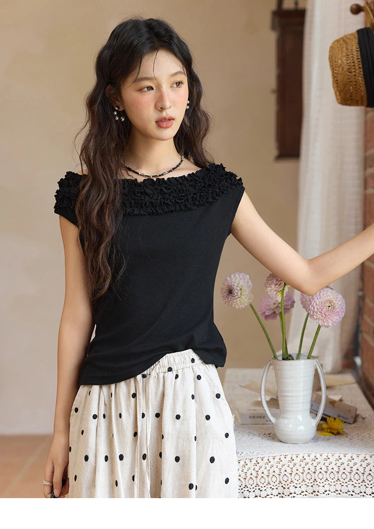 MISHOW French Stringy Selvedge One Neck T-shirt for Women Summer 2025 Raglan Sleeves Wool Short Top Sexy Solid Tees MXE34T0605