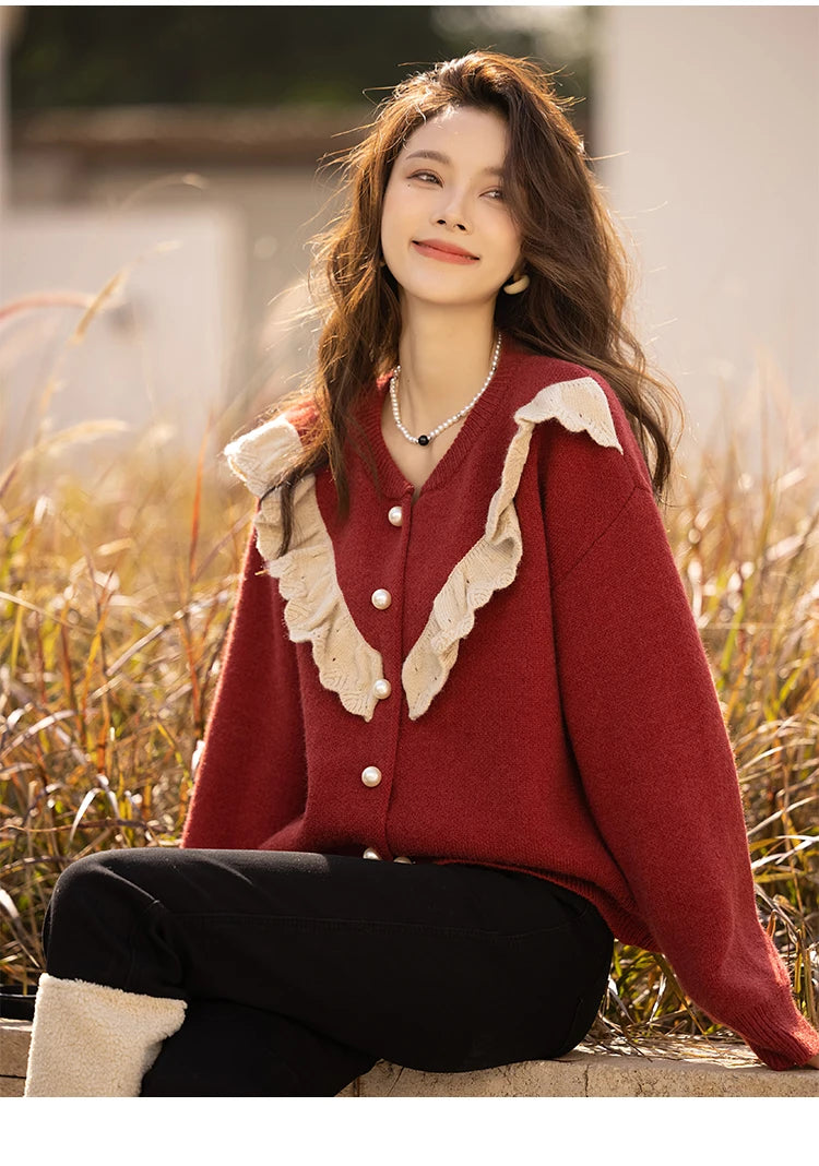 MISHOW Sweater Cardigan for Women Korean Fashion Ruffle Knitwears Autumn Winter Single Breasted Knitted Tops Jumpers MXB46Z1111