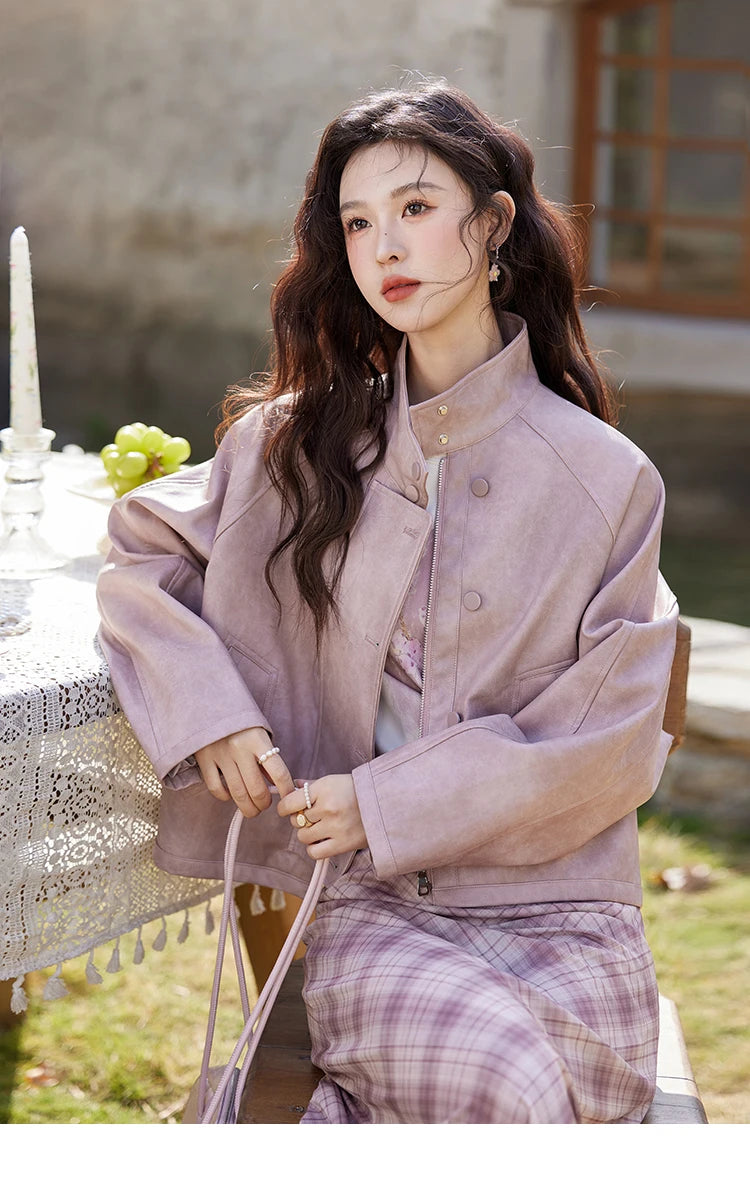 MISHOW Sweet Cool Blended Pink Purple Leather Coat Spring 2025 Stand Collar Motorcycle Style Jackets PU Leather Coats MXE13W0707