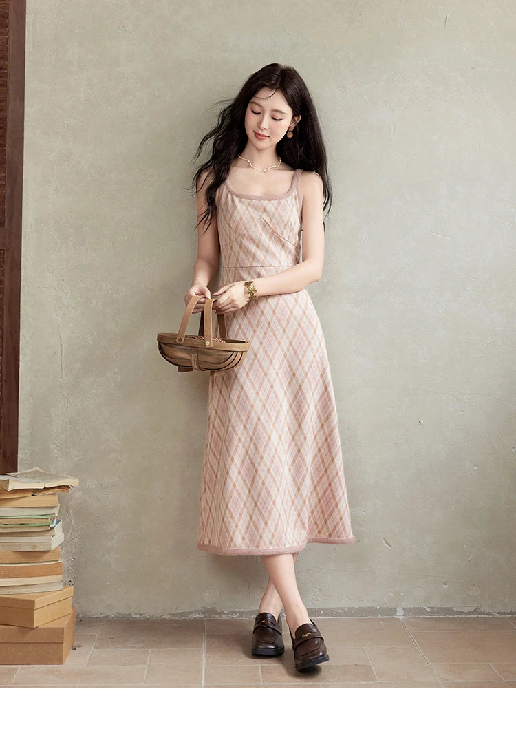 MISHOW French Vintage Dress O Neck Knitted Cardigan Separately Women Sweet Knitted Short Sweater Plaid Camisole Dress MXD43L2012