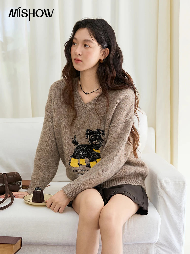 MISHOW Women's Long Sleeve Pullovers 2025 Autumn Winter New Puppy Embroidery Loose Casual V Neck Knit Sweater Luxury MXE48Z2570