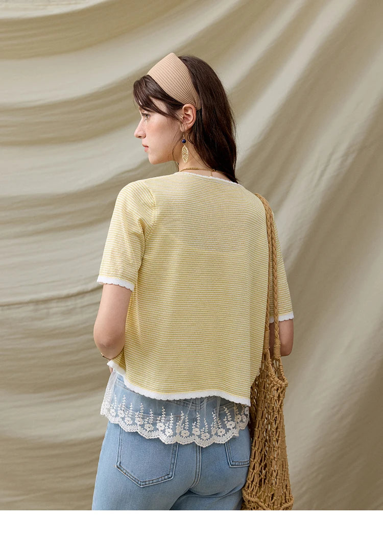 MISHOW Summer Camisole Cardigan Sets for Women 2025 Short Sleeve Round Neck Hem Lace Knitted Tops Female Fashion MXE33T0582