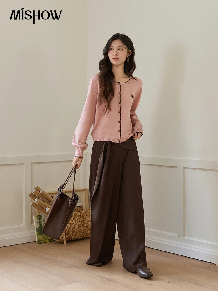 MISHOW Contrast Trim Crew Neck Knit Cardigan 2026 Spring Single Breasted Casual Pink Sweater with Pony Decoration MXF108Z1023