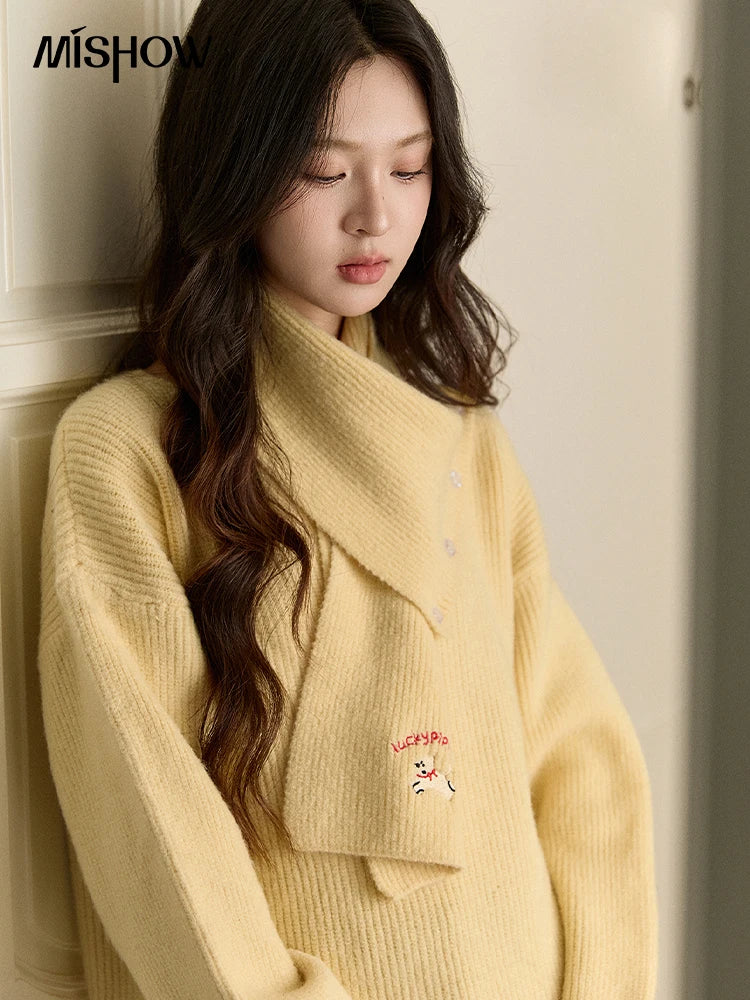 MISHOW Women's Yellow Sweater with Detachable Scarf 2025 Autumn Winter Loose Casual Warm Thickened Knit Pullover MXE93Z2953