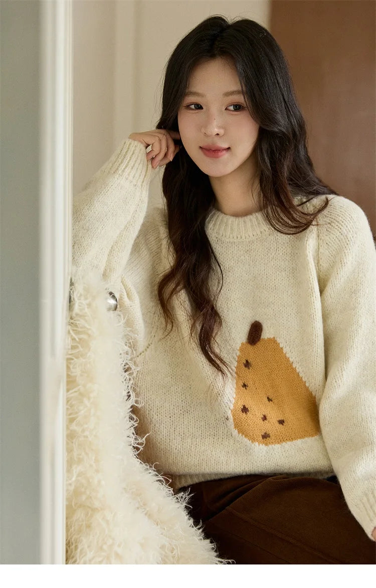 MISHOW Pear Pattern Jacquard Knitted Sweater Autumn Winter Crew Neck Loose Sweaters Wool Blend Warm Pullover Tops MXE94Z2959