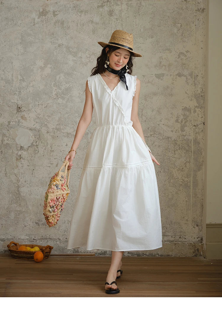 MISHOW Sleeveless Dress for Women Summer 2025 Drawstring Waist Simple Fashion Lace V-neck Dresses Female Clothing MXE37L2331