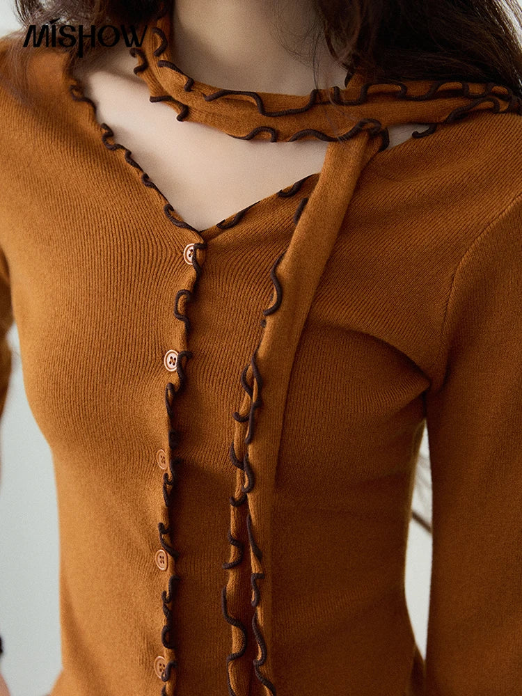 MISHOW New Ruffled Edge Knitted Pullovers for Woman 2025 Retro Slim V-neck Ribbon Knit Top Cmfortable Winter Clothes MXE86Z2728