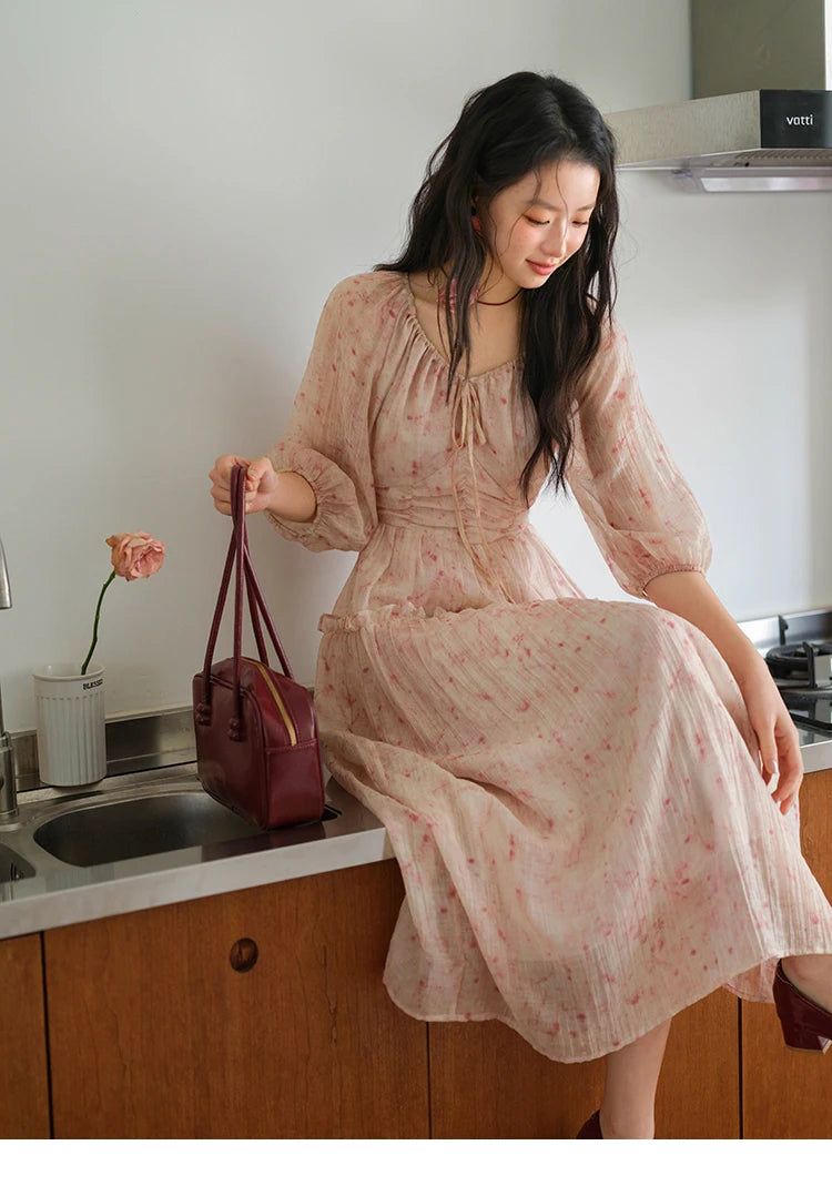 MISHOW Korean Women's Floral Pink Dress Autumn Convertible V Neck Off Shoulder Bubble Sleeves Elastic Waist Dresses MXE41L2479