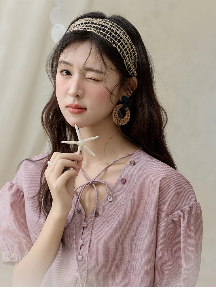 MISHOW French Summer Blouses Women Solid Short Puff Sleeve V-neck Lace-up Design Shirts Female Fashion Straight Tops MXE33X1743