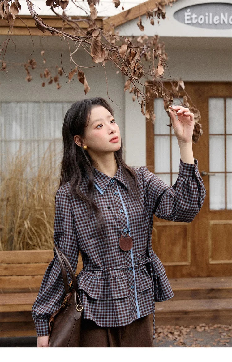 MISHOW Retro Blue Plaid Shirt for Women 2025 Autumn Winter Lapel Lantern Sleeves Ruffled Hem Top Slim Casual Shirt MXE89C2420