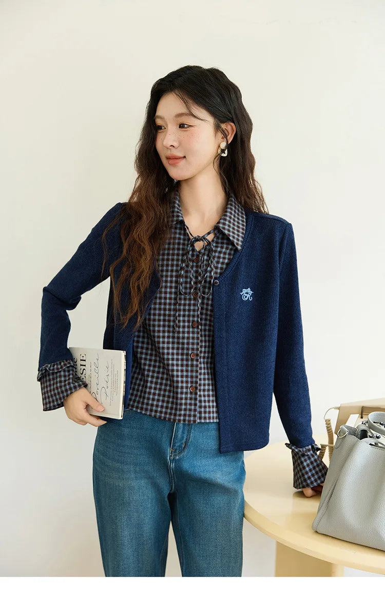 MISHOW Women's Fake Two Knitted Sweaters 2025 Autumn Plaid Splicing Embroidered Tops Retro Lapel Flare Sleeve Tops MXE45Z1401