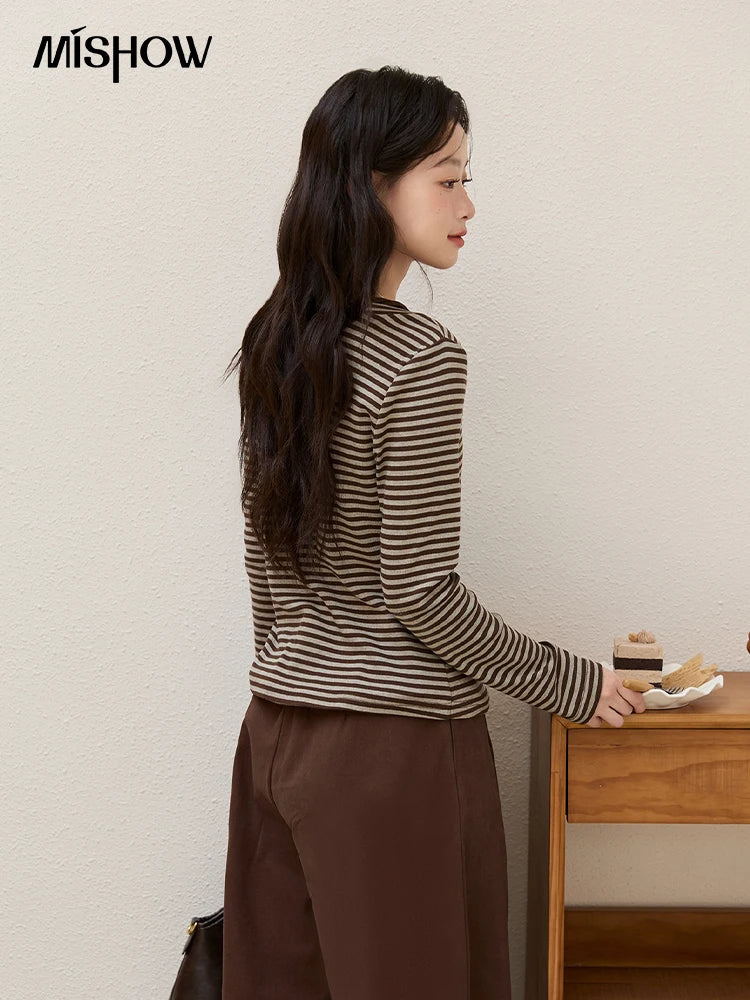 MISHOW Cotton Woman Long Sleeves Tee 2025 Autumn Winter Retro Fake Two-piece Striped Top Commute Knitted Top Ladies MXE51Z2555
