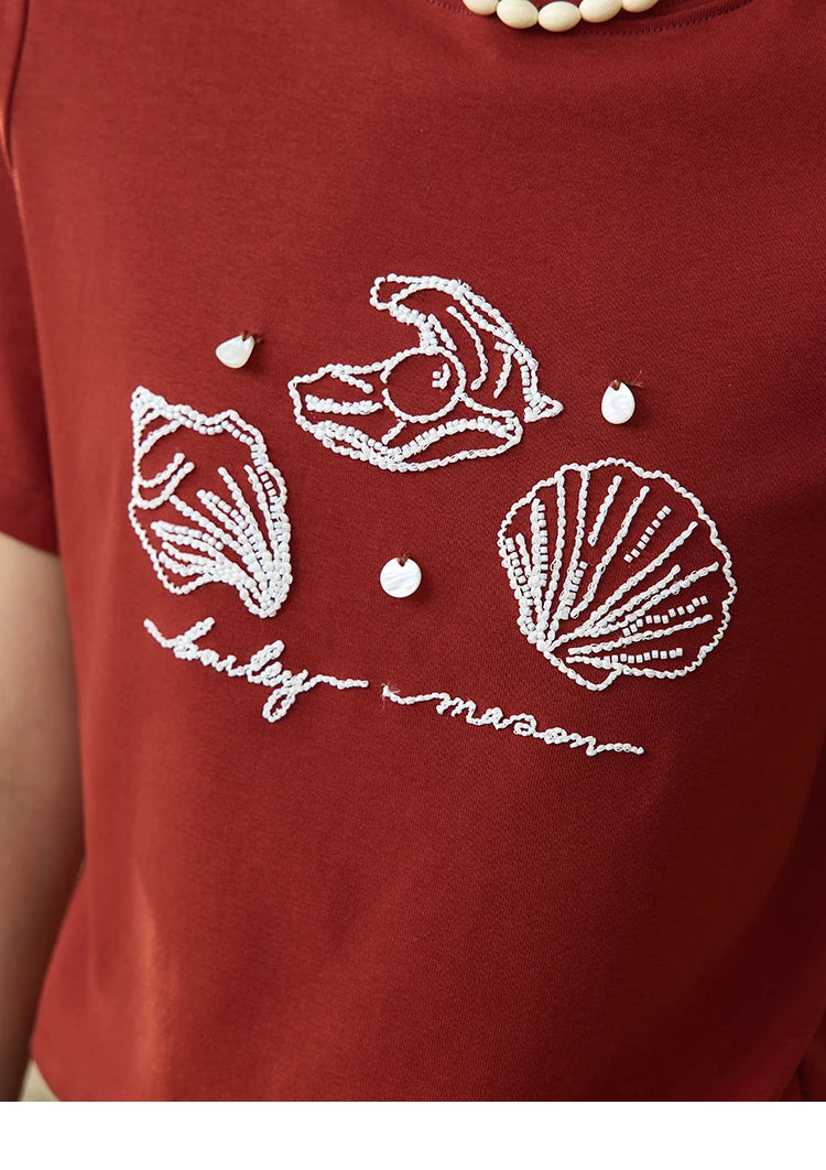 MISHOW Women's Shell Embroidered T-shirt 2025 Summer Short Sleeve Cotton Blend Tops Loose Slim Round Neck Casual Tees MXE34T0570