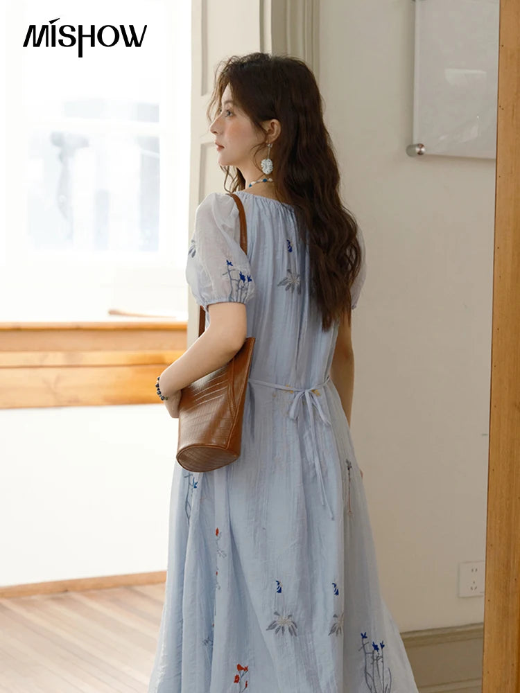Mishow V-Neck Lace-Up Embroidery Vacation Dress MXE34L2284