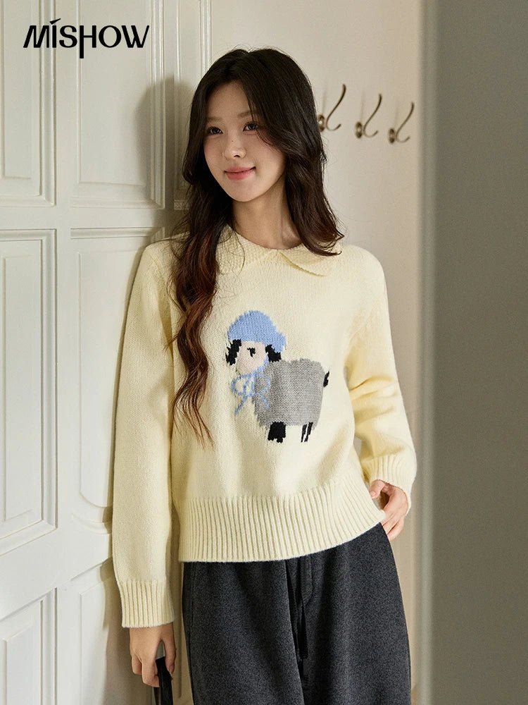 MISHOW Women's Beige White Knitted Sweater 2025 Autumn Winter Round Collar Sheep Pattern Loose Warm Pullover Sweaters MXE94Z2962