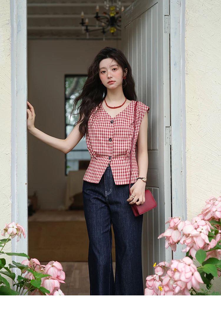 MISHOW Women's Fashion V-neck Shirt 2025 Summer New Plaid Ladies Red Button Shirt Casual Retro Top Female Clothing MXE37X1921